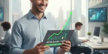 Person smiling at tablet showing 401k growth
