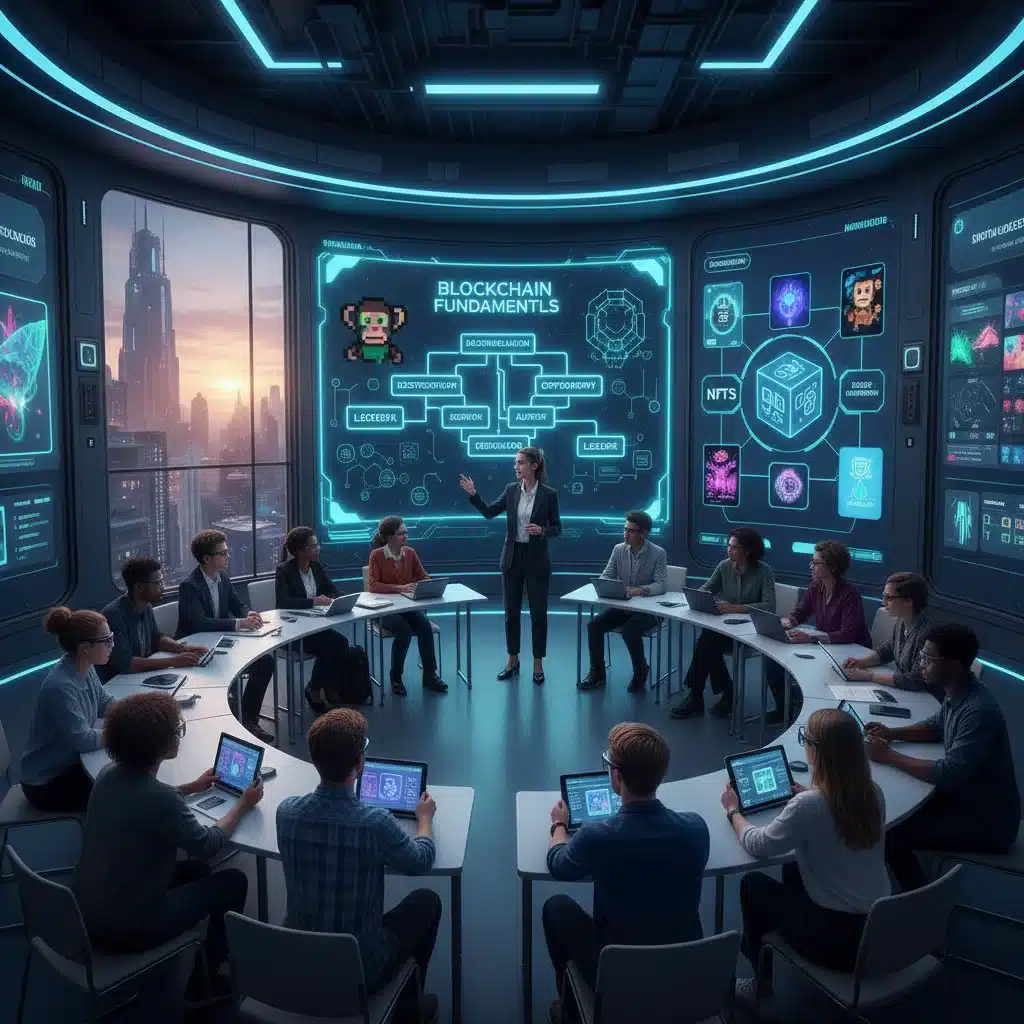 Students learning about blockchain technology and NFTs in a modern classroom