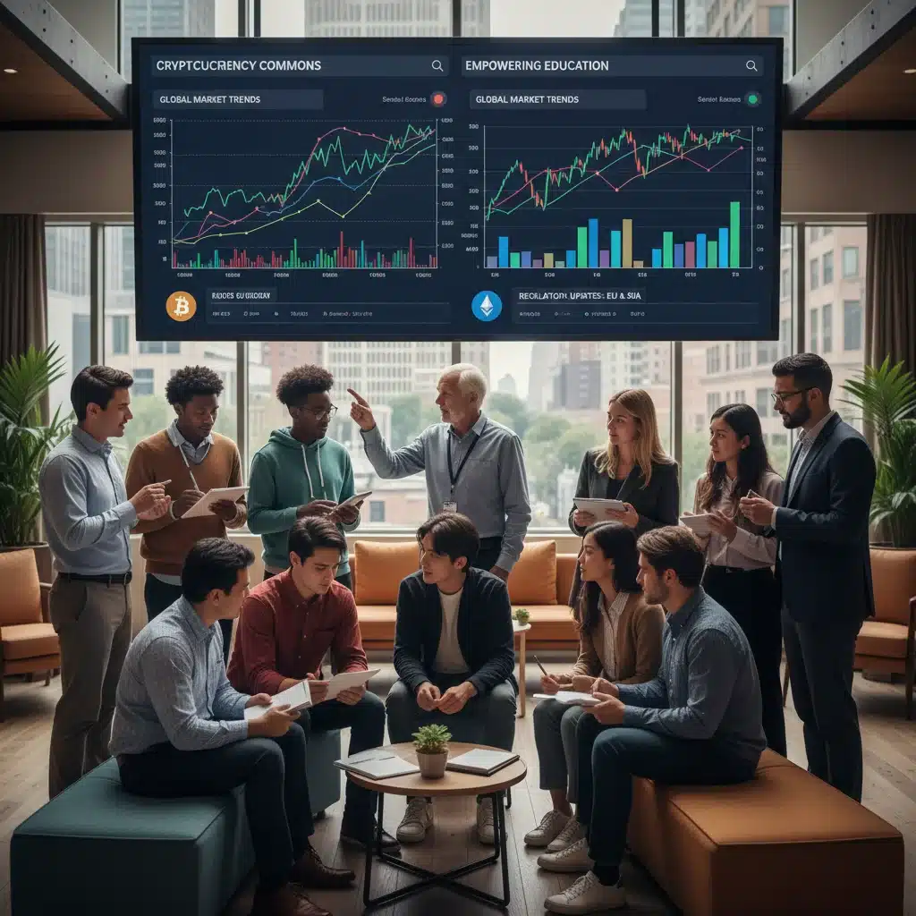 Diverse group viewing digital screen with crypto market trends and regulatory updates, highlighting community education.