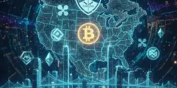 Futuristic digital cityscape with US map and glowing crypto symbols representing 2026 regulations.