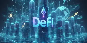 Futuristic digital landscape of interconnected blockchain nodes representing decentralized finance protocols in 2026.