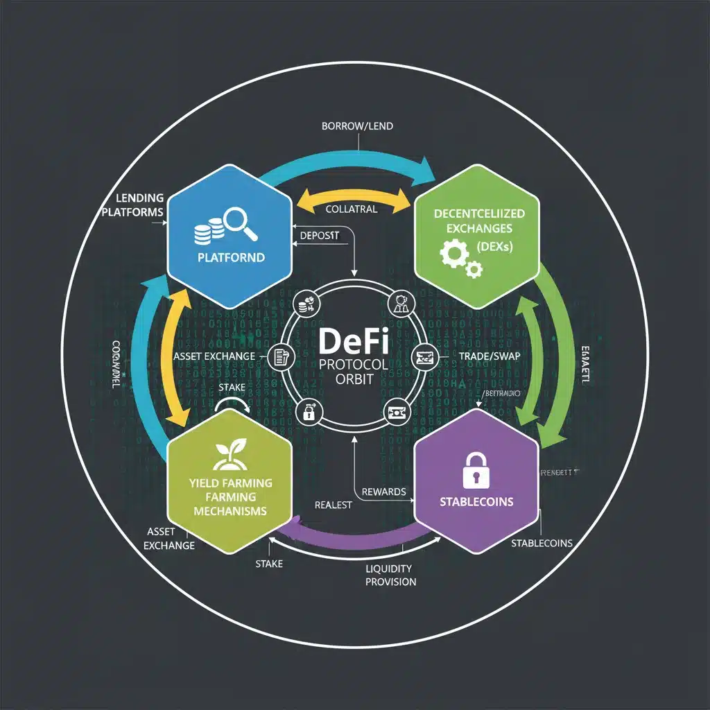 Infographic illustrating interconnected DeFi components like lending, DEXs, stablecoins, and yield farming.
