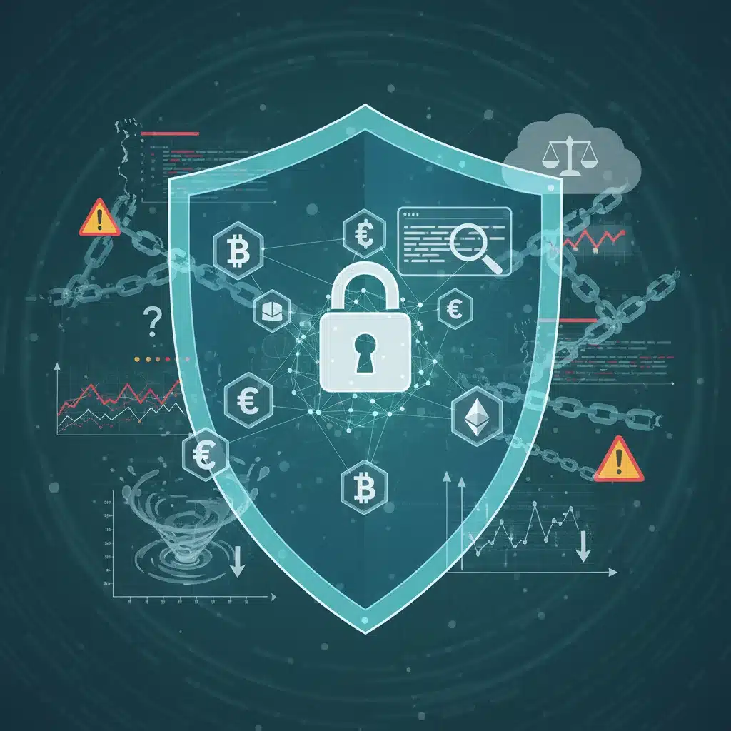 Visual representation of risk management in DeFi, with a shield protecting digital assets from smart contract bugs and impermanent loss.