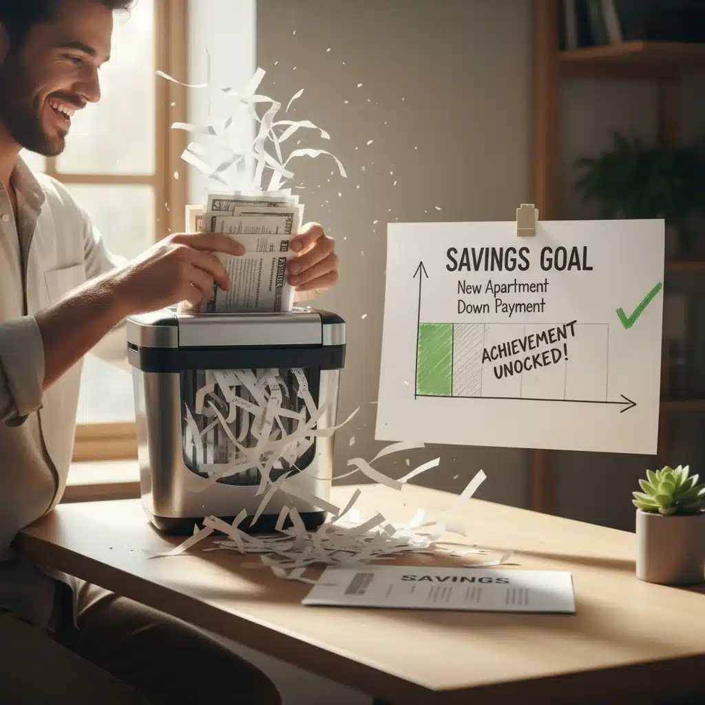 Person shredding old bills, representing the elimination of unnecessary expenses.
