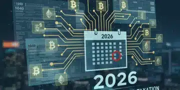 IRS tax forms merging with cryptocurrency symbols and blockchain, representing new 2026 crypto tax guidance.