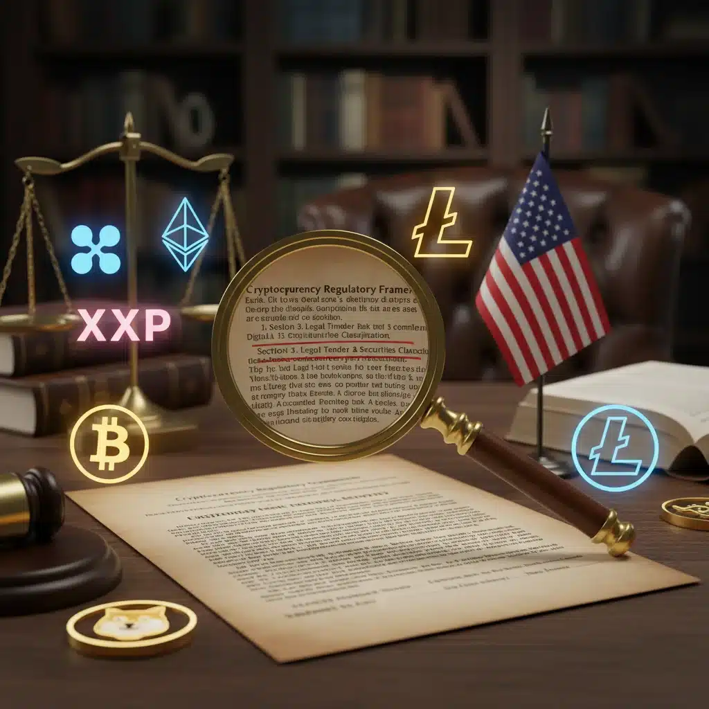 Legal document with magnifying glass over crypto logos and US flag, symbolizing regulatory scrutiny.