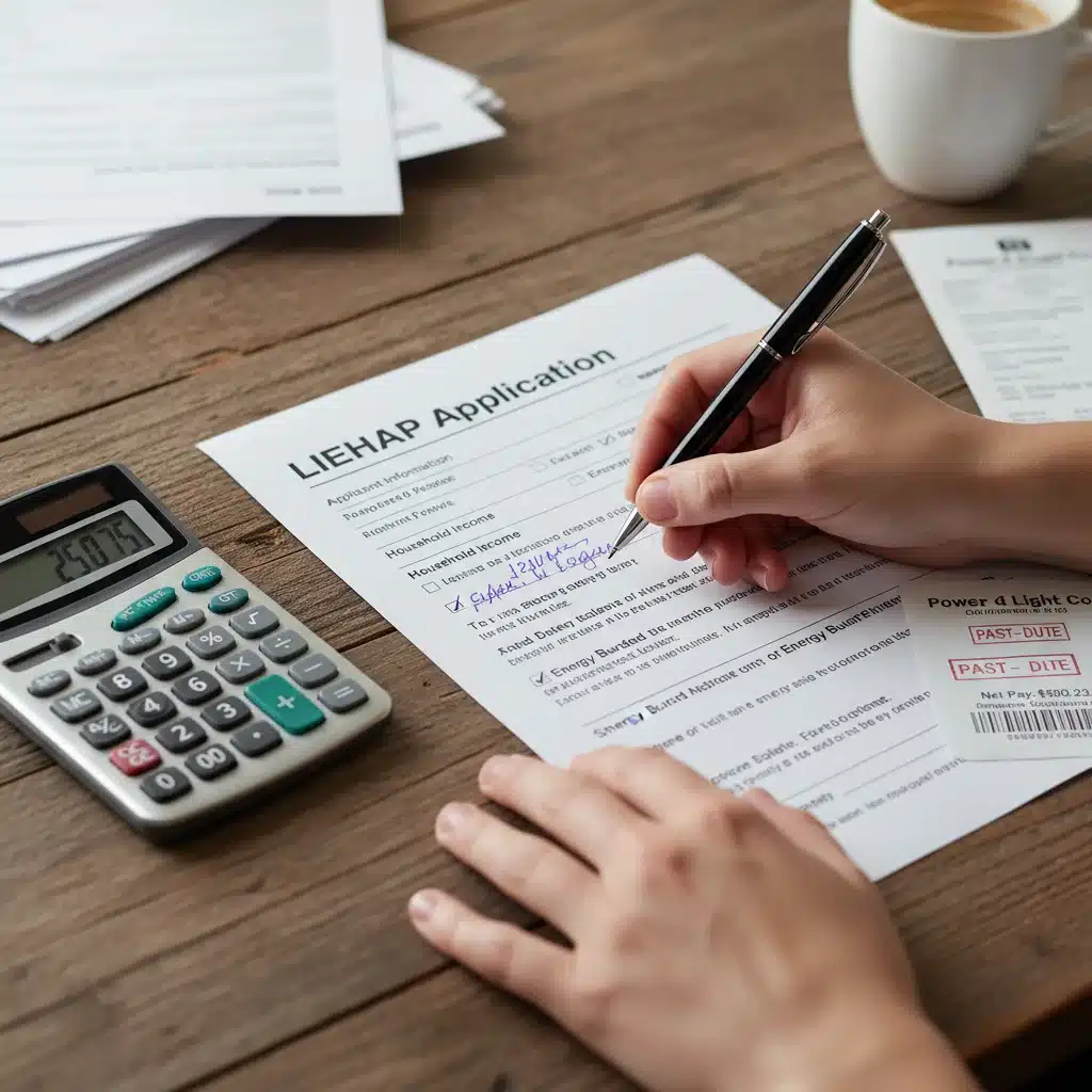 Hands filling out LIHEAP application form with supporting documents