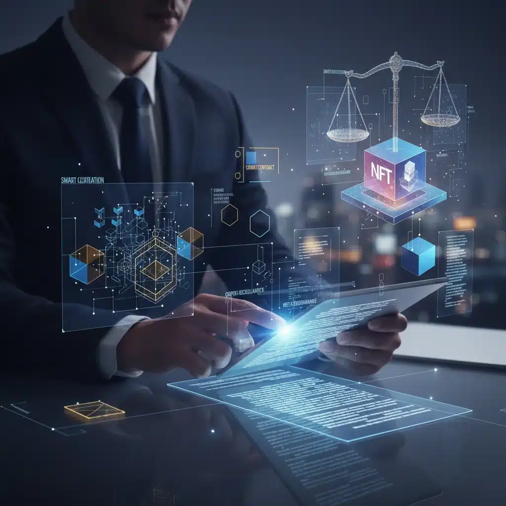Legal professional analyzing NFT regulations and smart contracts